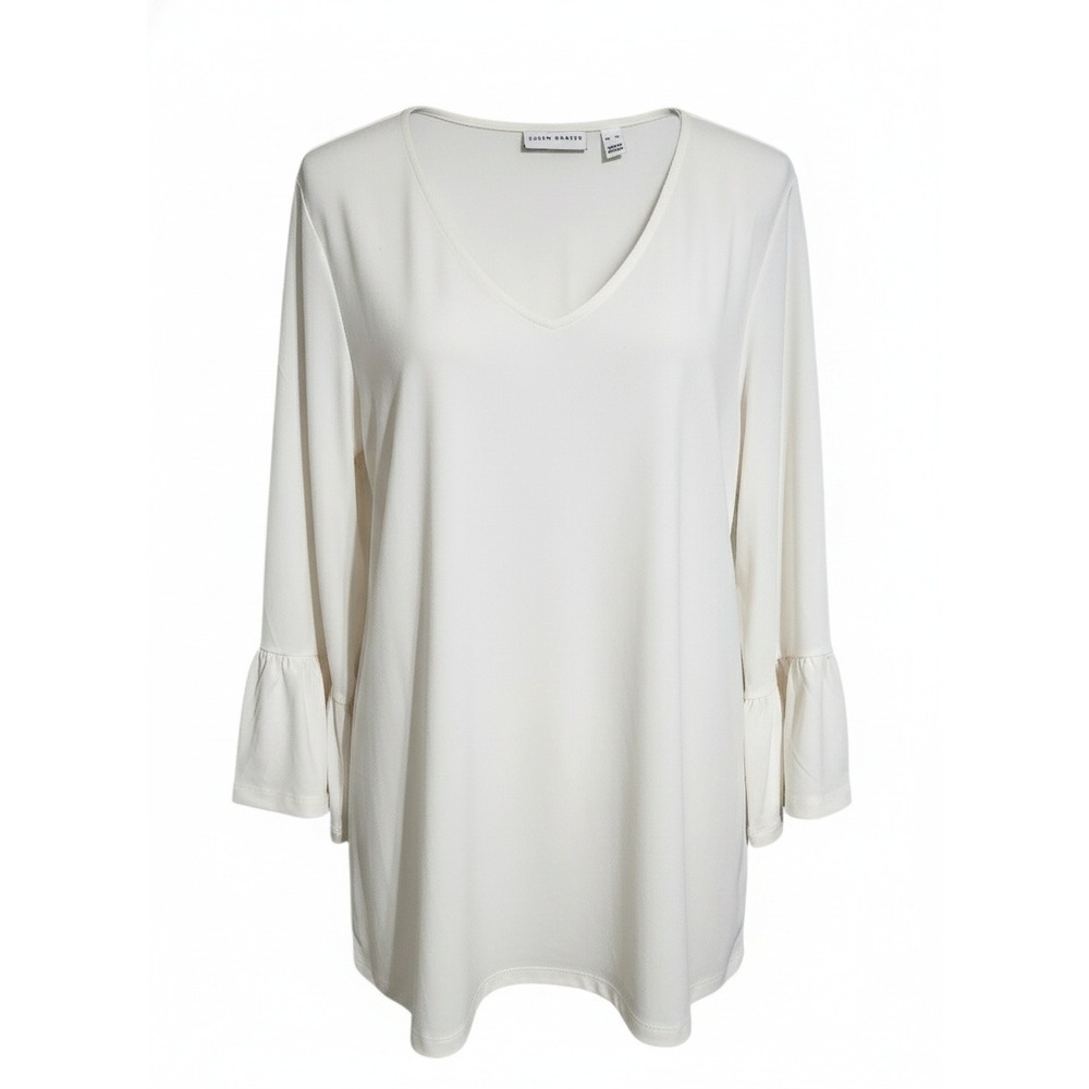 Susan Graver Cream V-Neck Tunic with Fluted Sleeves